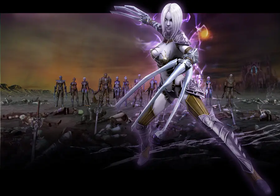 A Union of Fury assassin leads an army across a scorched battlefield