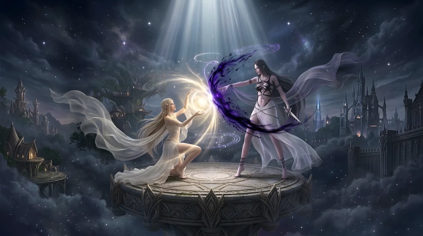 The goddesses of Light and Fury clash above a stone altar under a beam of light, between two castle cities.